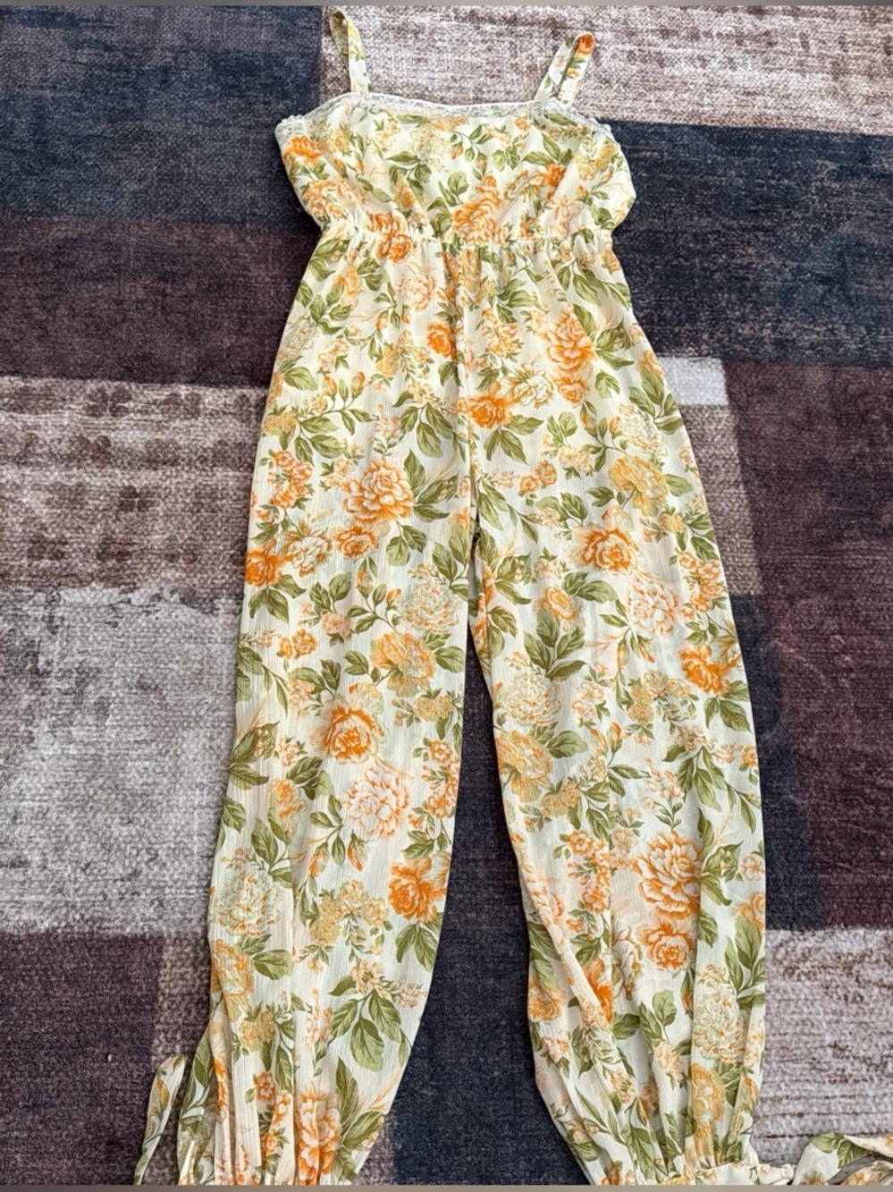 Women Floral Tie-Hem Wide-Leg Jumpsuit in Cream & Orange